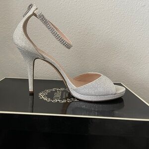 Silver High Heel Open Toe Sandals - Size 8